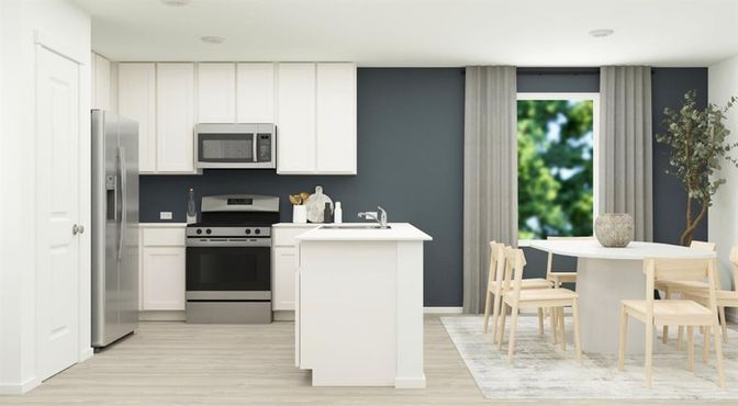 Dining room, Interior, Kitchen, Recessed Lighting, Stainless Steel Appliances, Wood Texture Flooring