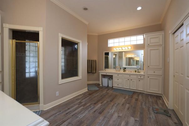 Bathroom, Dual Sink Vanities, Interior, Recessed Lighting, Wood Texture Flooring