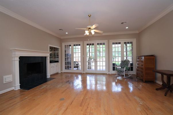 Empty room, Fireplace, Interior, Recessed Lighting, Wood Texture Flooring