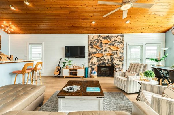 Fireplace, Interior, Living room, Recessed Lighting, Stone Walls, Wooden Ceilings, Wood Texture Flooring