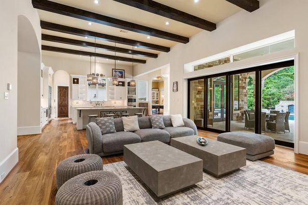 Interior, Kitchen, Living room, Pendant Lights, Recessed Lighting, Wooden Beams, Wood Texture Flooring