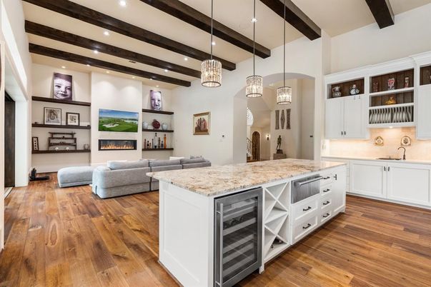 Fireplace, Interior, Living room, Pendant Lights, Recessed Lighting, Wooden Beams, Wood Texture Flooring