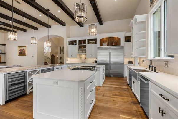Interior, Kitchen, Pendant Lights, Recessed Lighting, Stainless Steel Appliances, Wooden Beams, Wood Texture Flooring