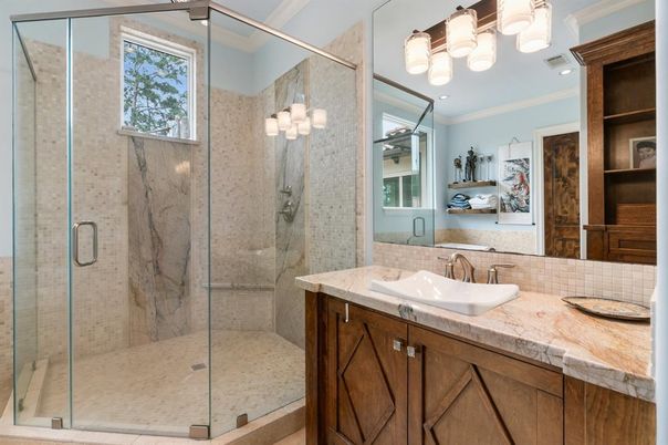Bathroom, Glass Shower, Interior, Recessed Lighting, Tile Countertops