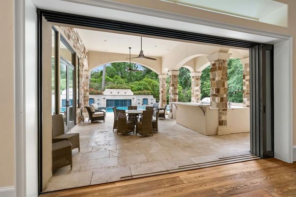 Dining room, Exterior, Interior, Pendant Lights, Wood Texture Flooring