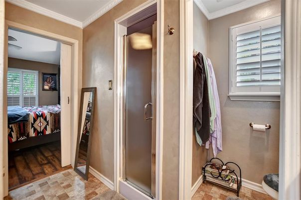 Bathroom, Bedroom, Glass Shower, Interior, Wood Texture Flooring