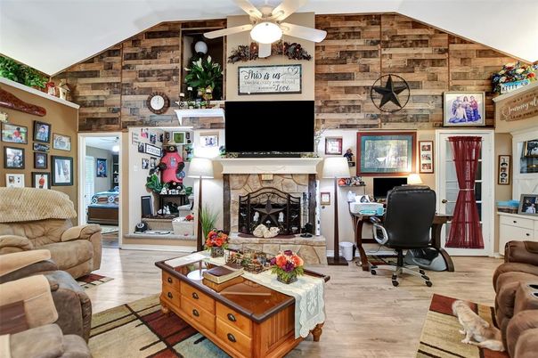 Fireplace, Home Office, Interior, Living room, Stone Walls, Wood Texture Flooring, Wooden Walls