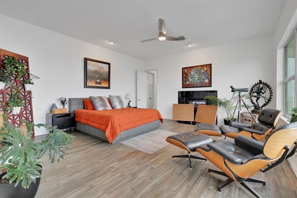 Bedroom, Interior, Recessed Lighting, Wood Texture Flooring
