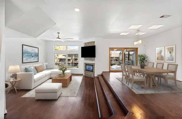 Dining room, Fireplace, Interior, Living room, Pendant Lights, Recessed Lighting, Wood Texture Flooring
