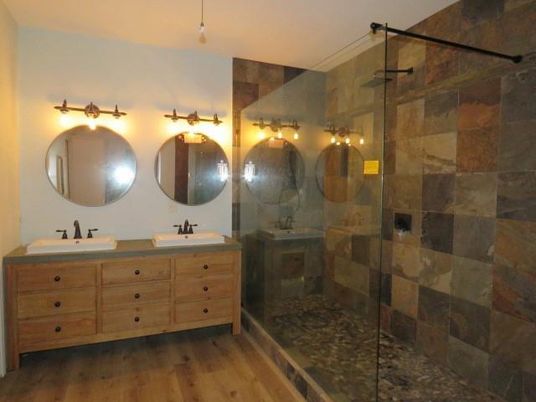 Bathroom, Dual Sink Vanities, Glass Shower, Interior, Wood Texture Flooring
