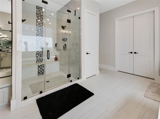 Bathroom, Glass Shower, Interior, Wood Texture Flooring