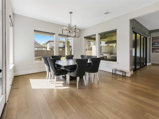 Dining room, Interior, Pendant Lights, Wood Texture Flooring