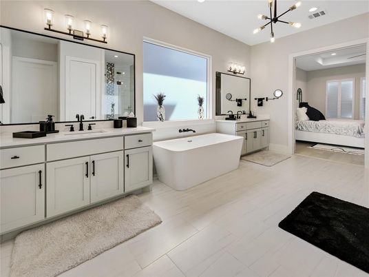 Bathroom, Bedroom, Dual Sink Vanities, Free Standing Baths, Interior, Marble, Pendant Lights