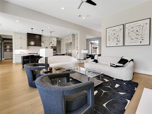 Dining room, Interior, Kitchen, Living room, Pendant Lights, Recessed Lighting, Stainless Steel Appliances, Wood Texture Flooring