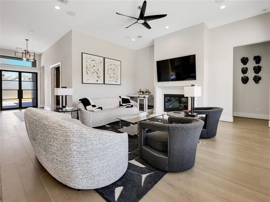 Fireplace, Interior, Living room, Pendant Lights, Recessed Lighting, Wood Texture Flooring