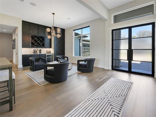 Interior, Living room, Pendant Lights, Recessed Lighting, Wood Texture Flooring