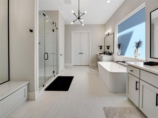 Bathroom, Dual Sink Vanities, Free Standing Baths, Glass Shower, Interior, Pendant Lights, Recessed Lighting