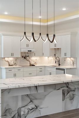 Interior, Kitchen, Marble Walls, Pendant Lights, Recessed Lighting, Wood Texture Flooring