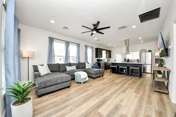 Interior, Kitchen, Living room, Recessed Lighting, Stainless Steel Appliances, Wood Texture Flooring