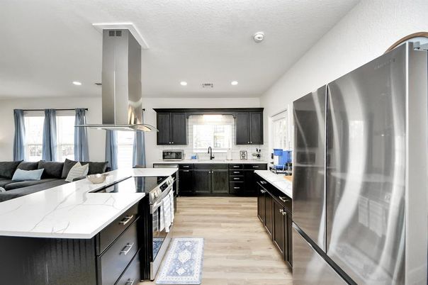 Interior, Kitchen, Pendant Lights, Recessed Lighting, Stainless Steel Appliances, Wood Texture Flooring