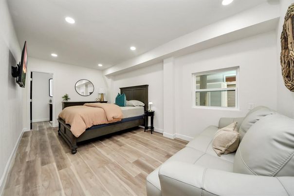 Bedroom, Interior, Recessed Lighting, Wood Texture Flooring