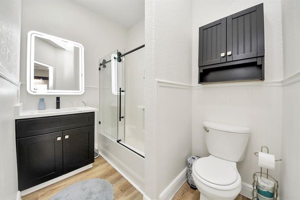 Bathroom, Glass Shower, Interior, Wood Texture Flooring