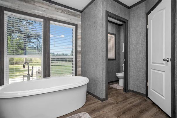 Bathroom, Free Standing Baths, Interior, Wood Texture Flooring, Wooden Walls