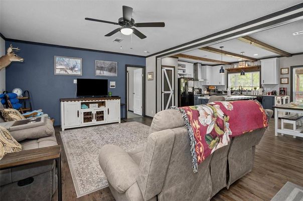 Interior, Kitchen, Living room, Pendant Lights, Wood Texture Flooring