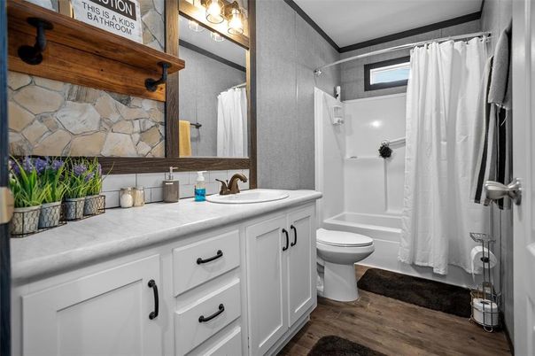 Bathroom, Dual Sink Vanities, Interior, Tile Countertops, Wood Texture Flooring