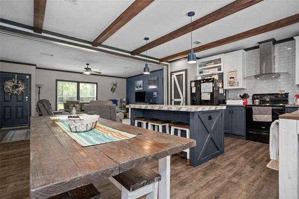 Dining room, Interior, Kitchen, Living room, Pendant Lights, Wooden Beams, Wood Texture Flooring