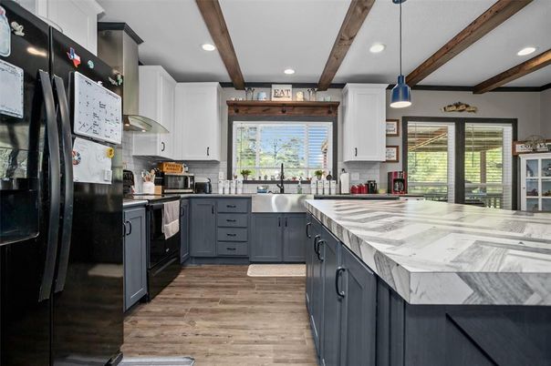Interior, Kitchen, Pendant Lights, Recessed Lighting, Stainless Steel Appliances, Wooden Beams, Wood Texture Flooring