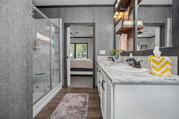 Bathroom, Dual Sink Vanities, Glass Shower, Interior, Wood Texture Flooring