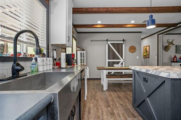 Interior, Kitchen, Pendant Lights, Recessed Lighting, Wooden Beams, Wood Texture Flooring