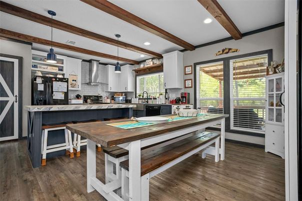 Dining room, Interior, Kitchen, Pendant Lights, Recessed Lighting, Stainless Steel Appliances, Wooden Beams, Wood Texture Flooring
