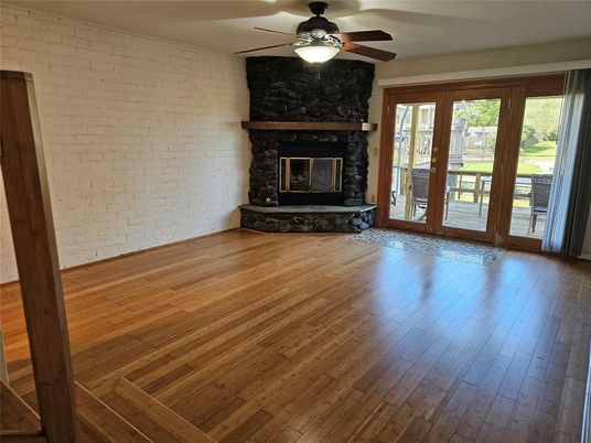 Empty room, Fireplace, Interior, Stone Walls, Wood Texture Flooring