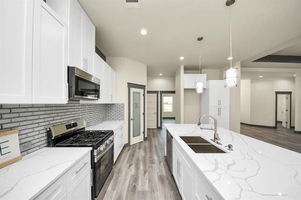 Interior, Kitchen, Pendant Lights, Recessed Lighting, Wood Texture Flooring