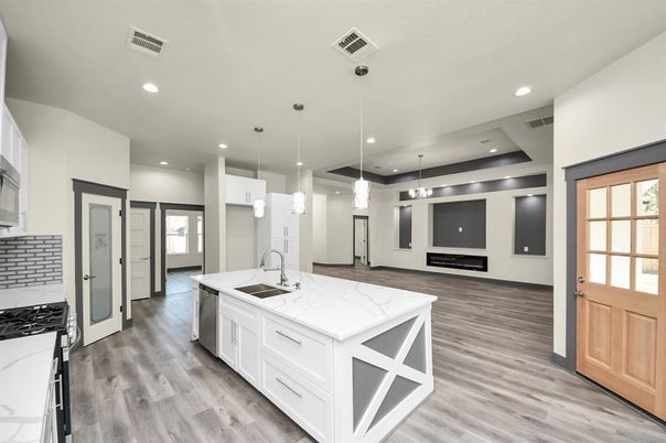 Interior, Kitchen, Pendant Lights, Recessed Lighting, Stainless Steel Appliances, Wood Texture Flooring