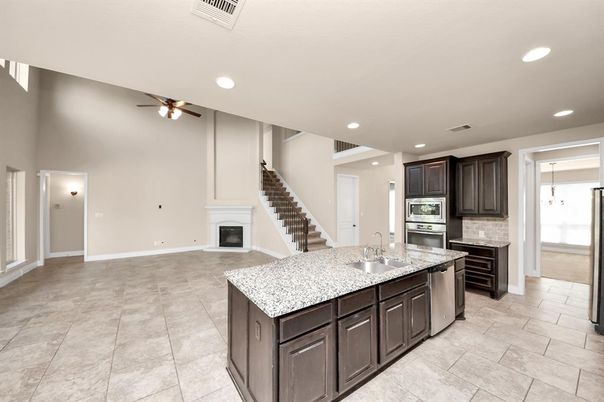 Fireplace, Interior, Kitchen, Recessed Lighting, Stainless Steel Appliances