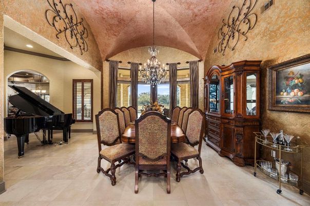 Chandelier, Dining room, Interior, Piano, Recessed Lighting