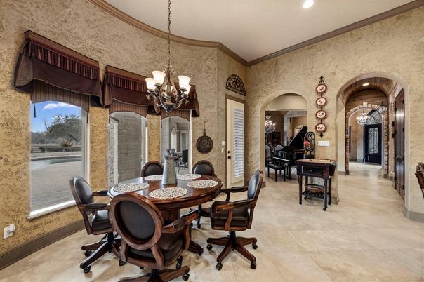 Chandelier, Dining room, Interior, Piano, Recessed Lighting, Stone Walls