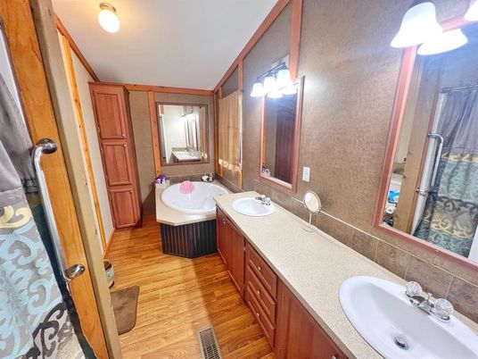 Bathroom, Dual Sink Vanities, Interior, Wood Texture Flooring