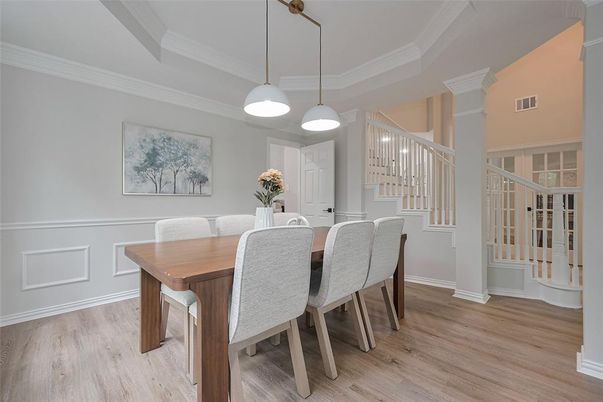 Dining room, Interior, Pendant Lights, Wood Texture Flooring