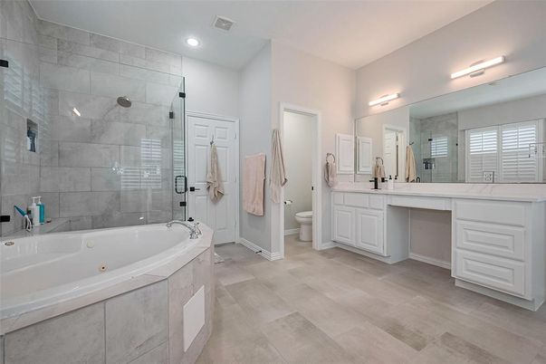 Bathroom, Dual Sink Vanities, Glass Shower, Interior, Recessed Lighting