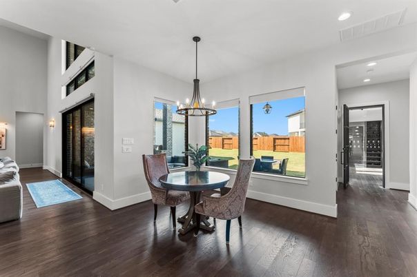 Dining room, Interior, Pendant Lights, Recessed Lighting, Wood Texture Flooring