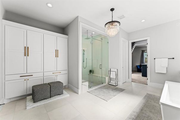Bathroom, Chandelier, Free Standing Baths, Glass Shower, Interior, Recessed Lighting