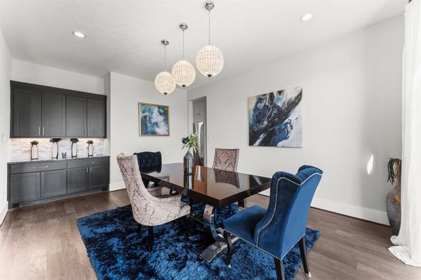 Dining room, Interior, Pendant Lights, Recessed Lighting, Wood Texture Flooring