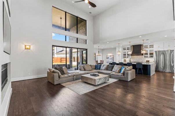 Fireplace, Interior, Kitchen, Living room, Pendant Lights, Recessed Lighting, Wood Texture Flooring