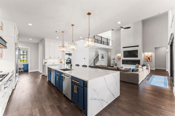 Fireplace, Interior, Kitchen, Living room, Pendant Lights, Recessed Lighting, Stainless Steel Appliances, Wood Texture Flooring