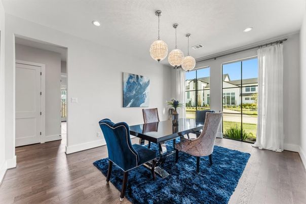 Dining room, Interior, Pendant Lights, Recessed Lighting, Wood Texture Flooring