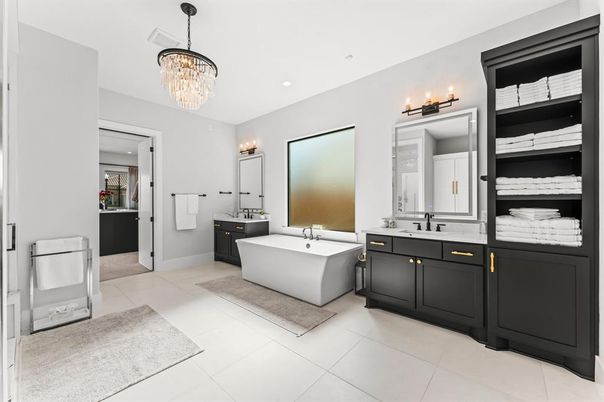 Bathroom, Chandelier, Dual Sink Vanities, Free Standing Baths, Interior, Recessed Lighting